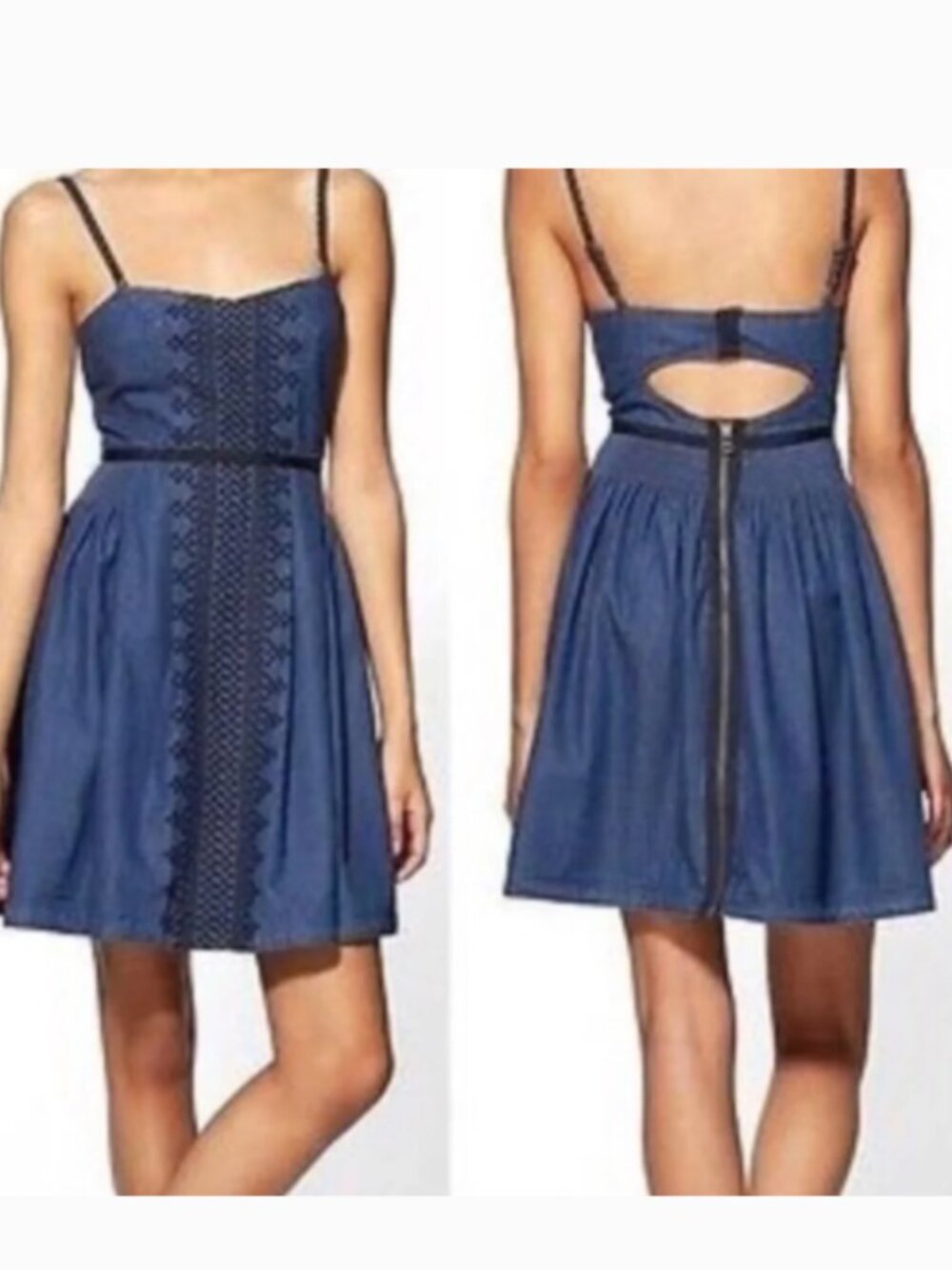 Free People New Romantics Blue Denim Mini Dress Embroidered Size 2 Boho Festival